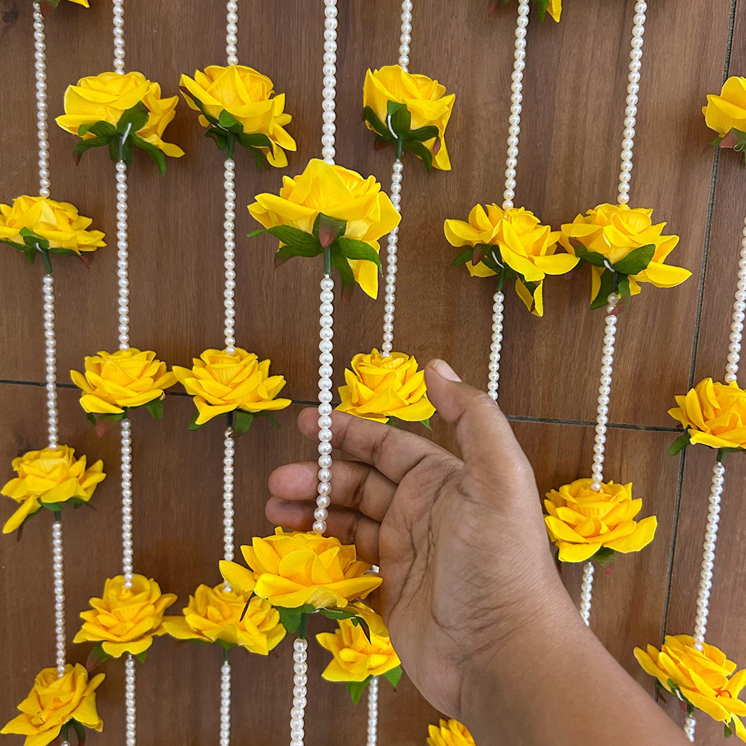 Yellow Rose and White Pearl Decorative Garland/Stream for Ganesh,Navratra, Diwali and Other Festivals and Occasions