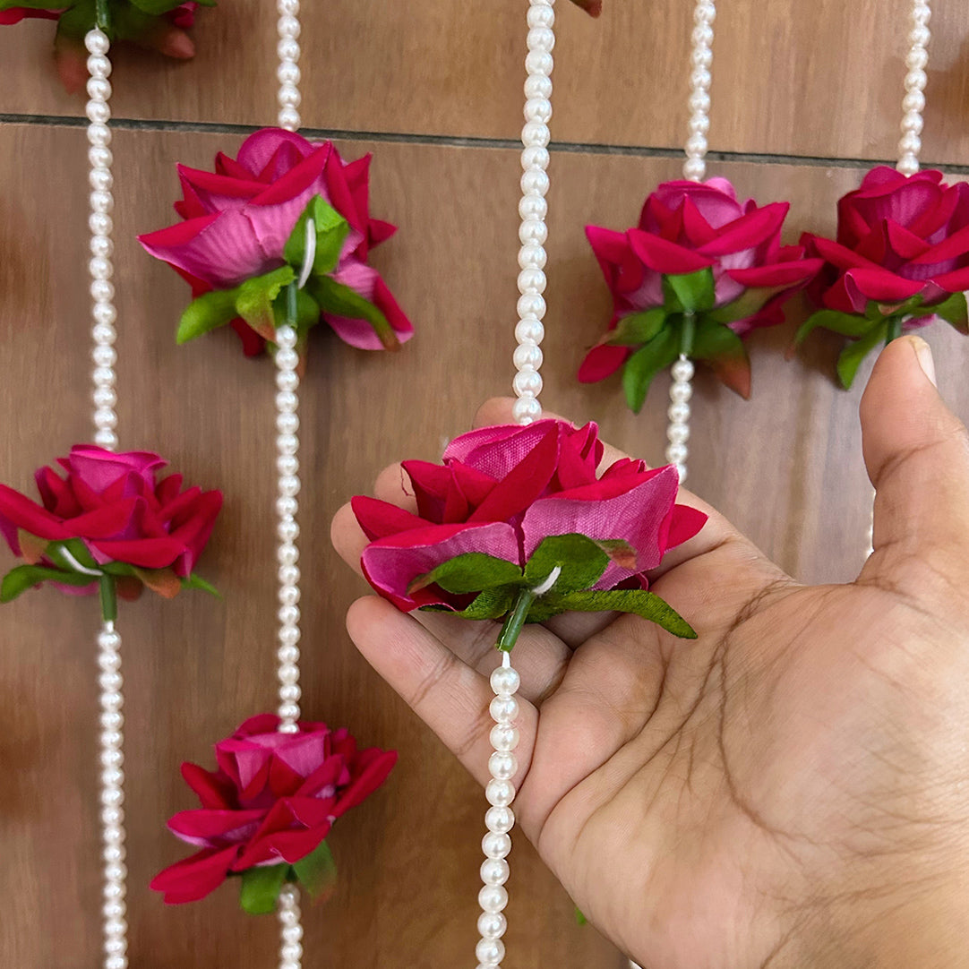 Dark Pink Rose and White Pearl Decorative Garland/Stream for Ganesh,Navratra, Diwali and Other Festivals and Occasions