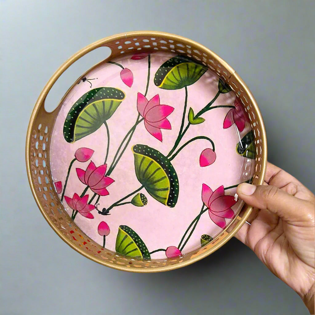 Circular Golden Tray with Pink Pichwai Art – 8 Inch Decorative Tray for Festive & Home Décor