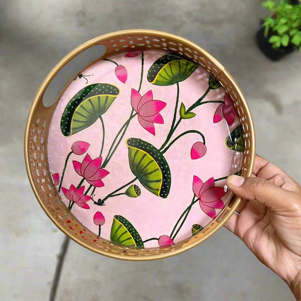 Circular Golden Tray with Pink Pichwai Art – 8 Inch Decorative Tray for Festive & Home Décor