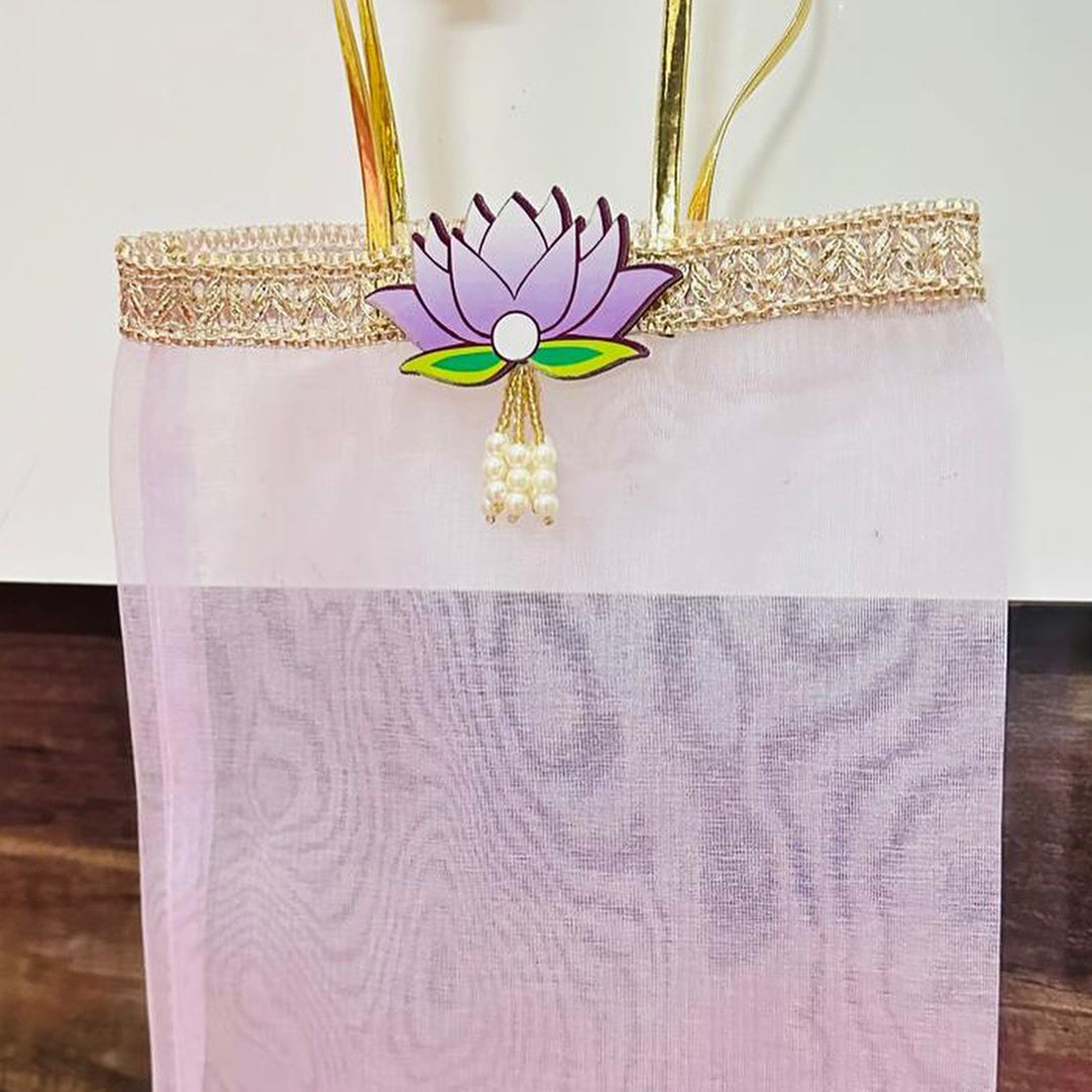 Multicolor Lotus Motif Organza Return Gift Bag – 7x9 Inch | Elegant Festive & Pooja Favor Bag