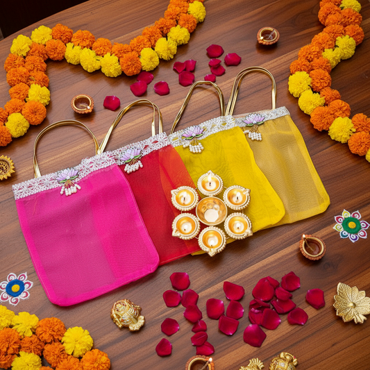 Lotus Motif Tissue Organza Bag & 7 Inch Diya Urli Combo | Festive Gift Set for Diwali & Pooja