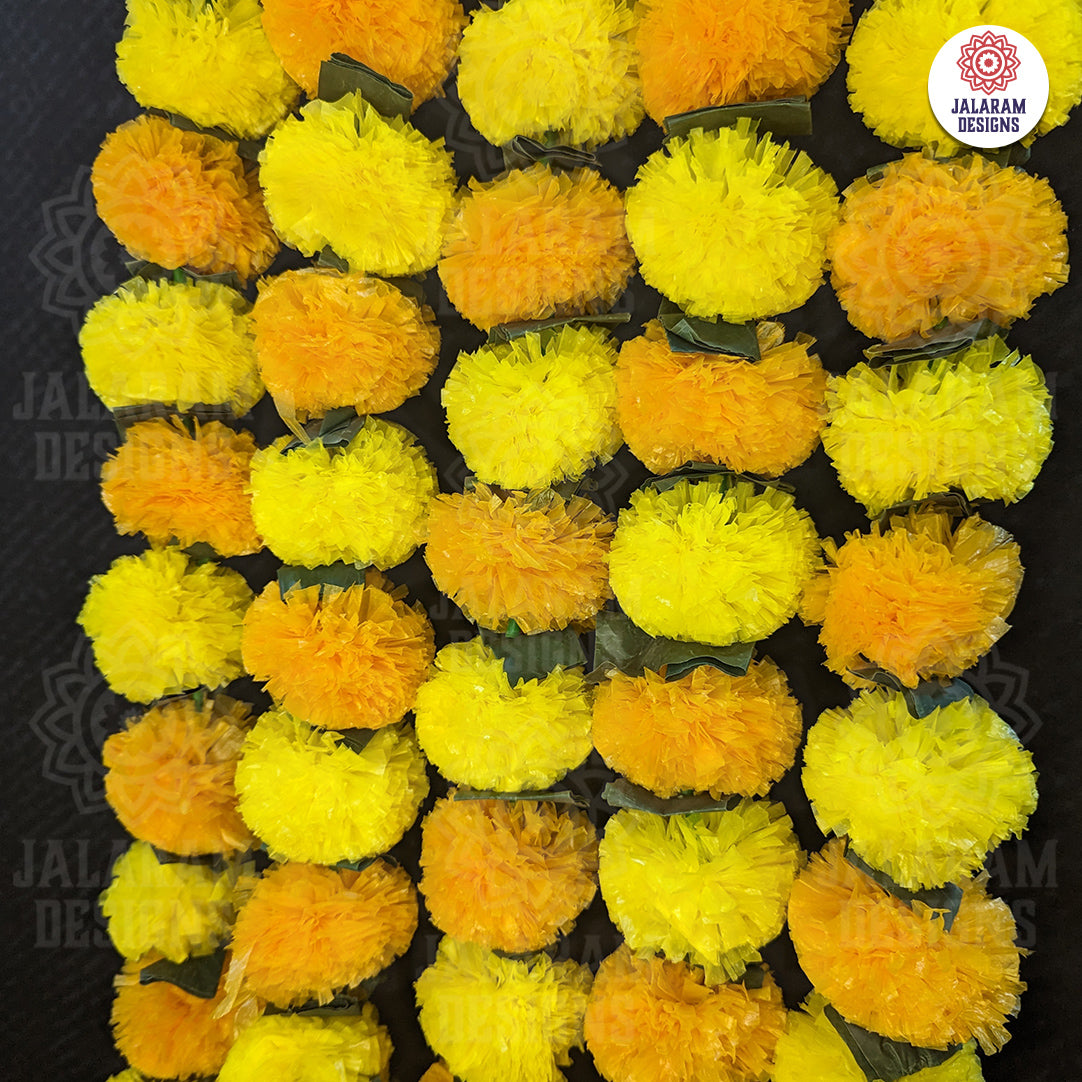 Decorative Lemon Yellow And Mango Yellow Marigold Flower And Green Leaves Garland Strings