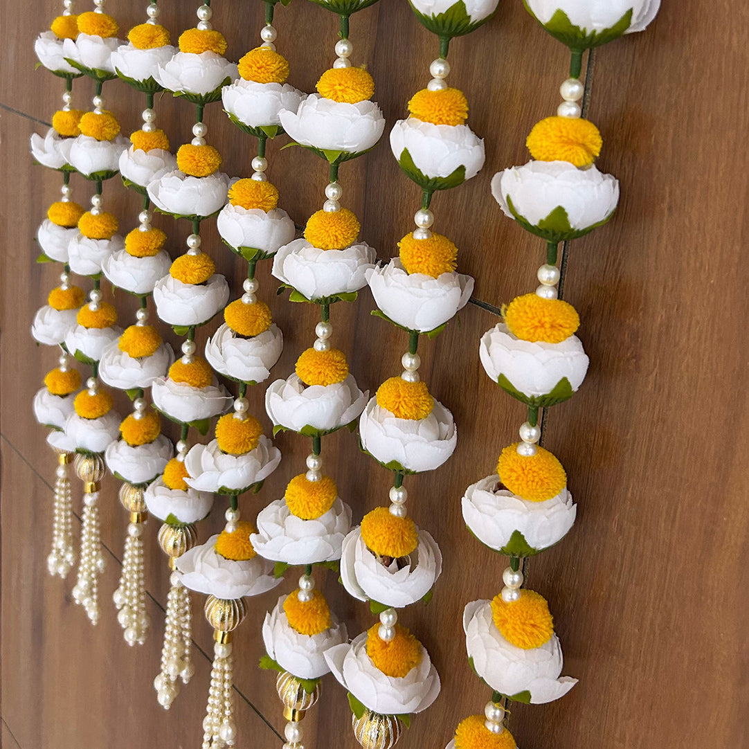 White Peony Rose & Pearl Latkan – Elegant Hanging Decoration for Pooja, Festivals, Home Temple, Door, and Backdrop Decor – Handmade Floral Tassel with Artificial Flowers and Beads
