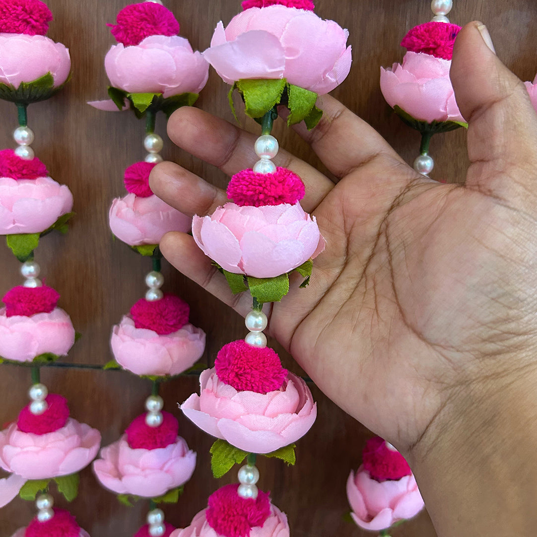 Light Pink Peony Rose & Pearl Latkan – Elegant Hanging Decoration for Pooja, Festivals, Home Temple, Door, and Backdrop Decor – Handmade Floral Tassel with Artificial Flowers and Beads