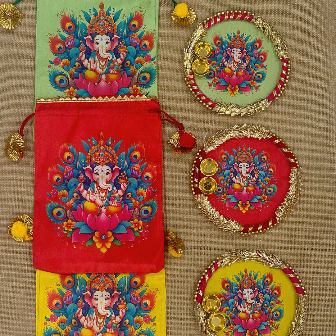 Ganesha Potli Bag with Tilak/Haldi Kumkum Platter | Diwali. Pooja, Baby Shower, Housewarming Return Gift