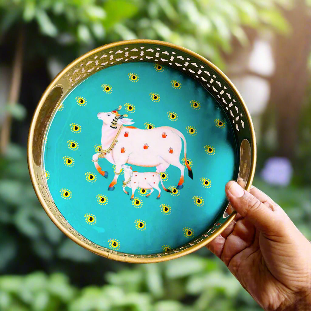 Circular Golden Tray with Blue Pichwai Cow Art – 8 Inch Decorative Tray for Festive & Home Décor