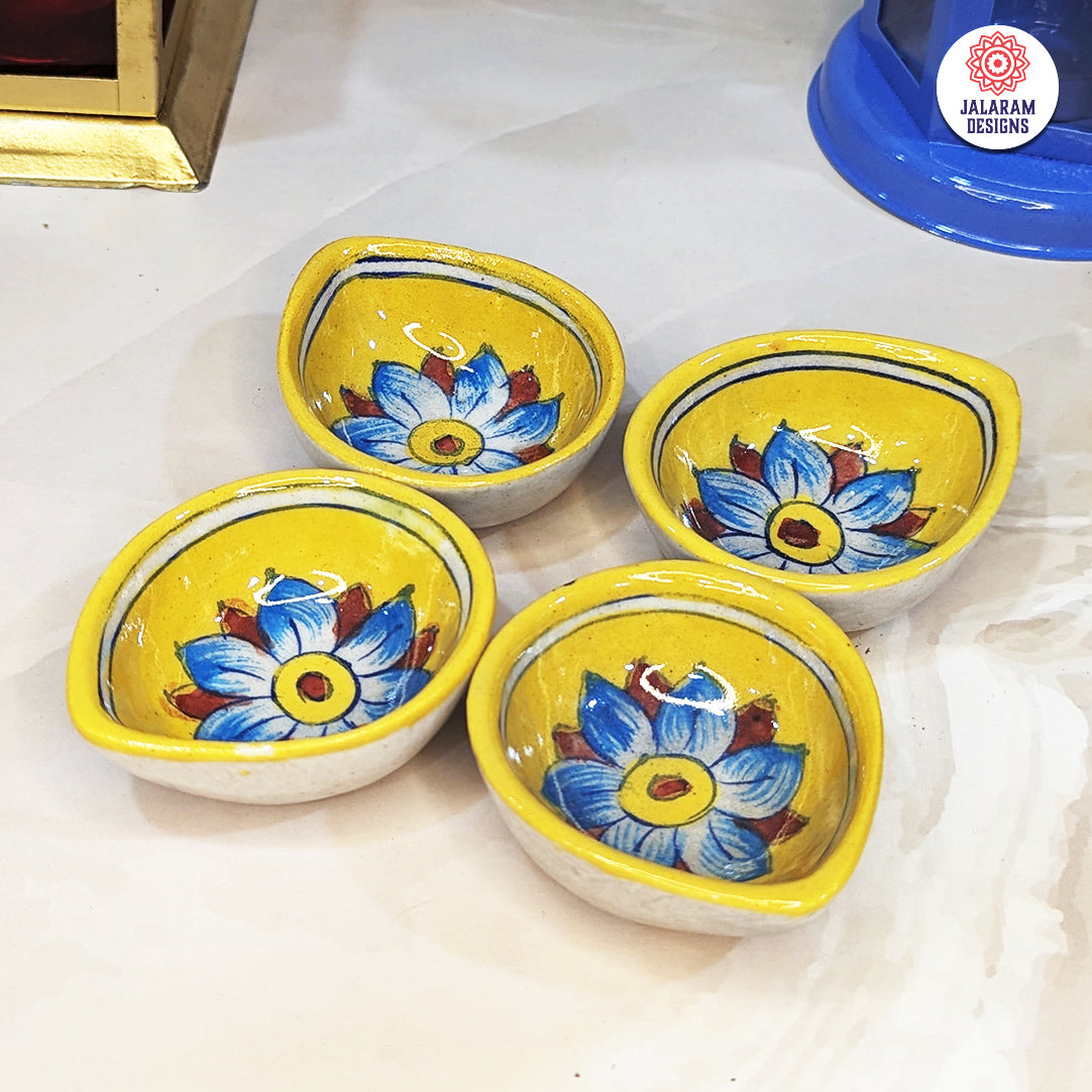 Blue Pottery Yellow Flower Design Diya - Single Piece