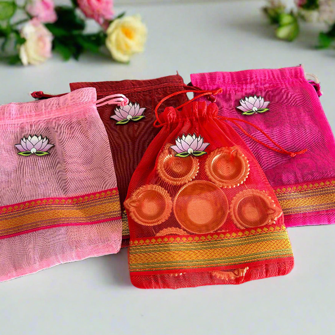 Lotus Cut Brocade Border Potli Bag with Diya Urli