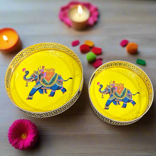 Circular Golden Tray With Pichwai Elephant Art Picture