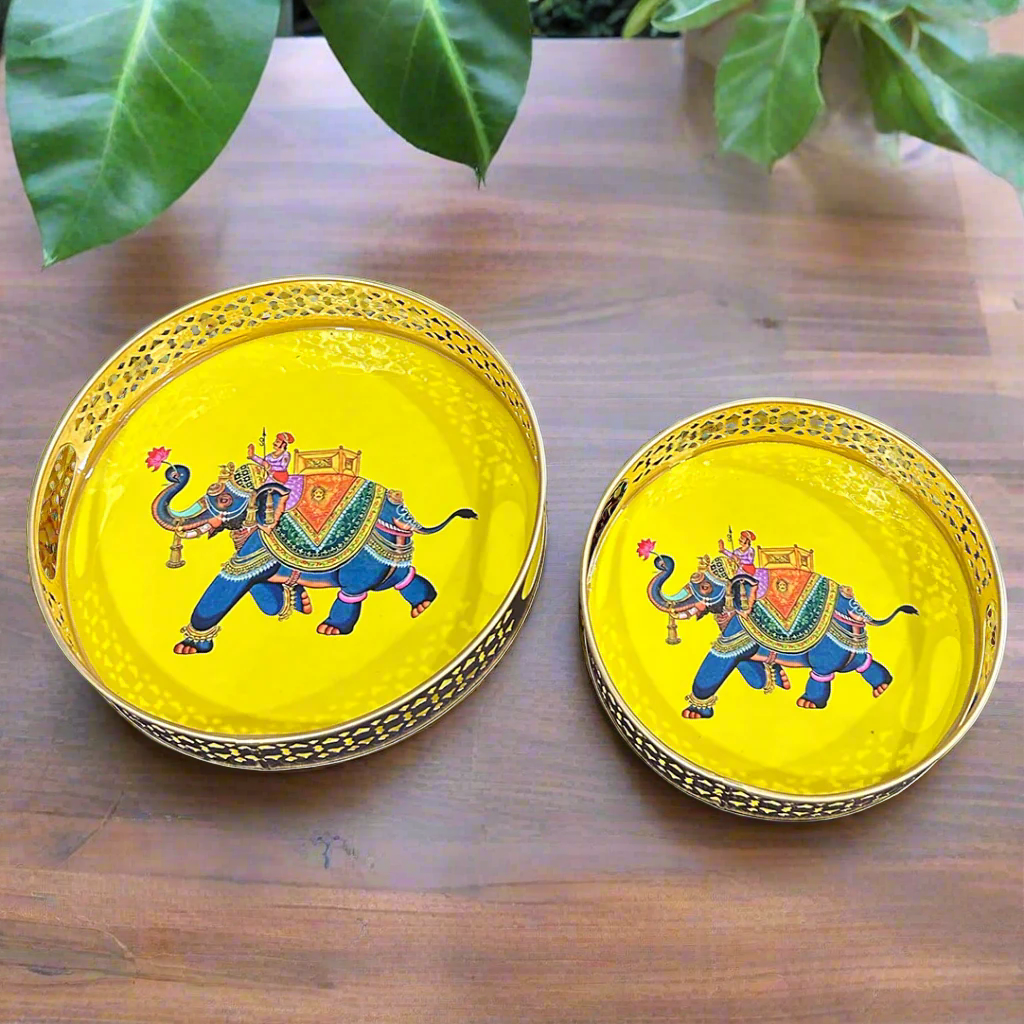 Circular Golden Tray With Pichwai Elephant Art Picture