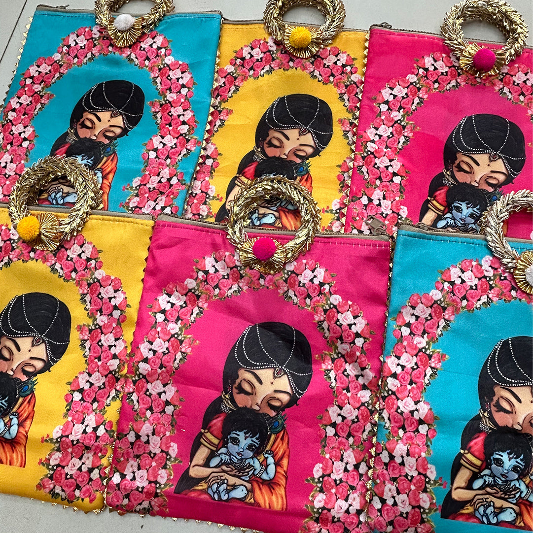 Krishna And Yashoda Maa Zipper Bag | Babyshower Giftbag | Housewarming Giftbag | Indian Favor Bag | Festive Gift Bag
