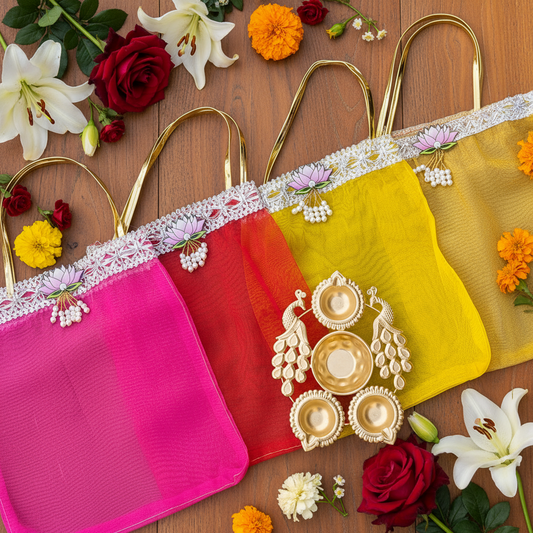Lotus Motif Tissue Organza Bag & 7 Inch Peacock Urli Combo | Festive Gift Set for Diwali & Pooja