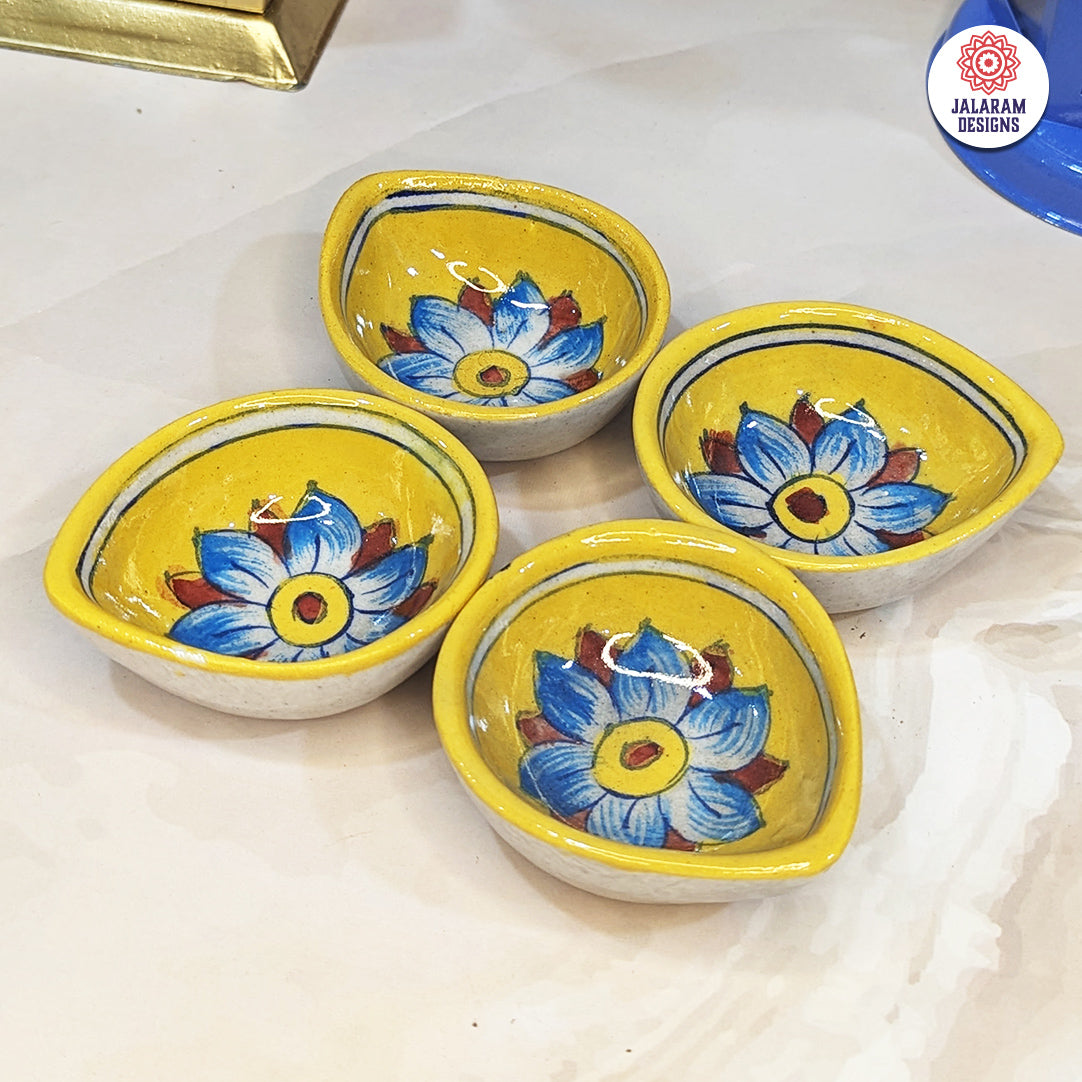 Blue Pottery Yellow Flower Design Diya - Single Piece