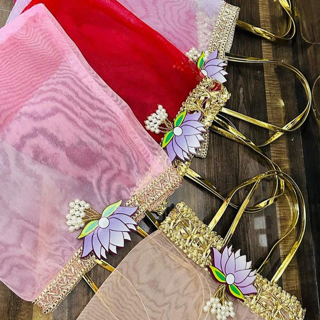 Multicolor Lotus Motif Organza Return Gift Bag – 7x9 Inch | Elegant Festive & Pooja Favor Bag