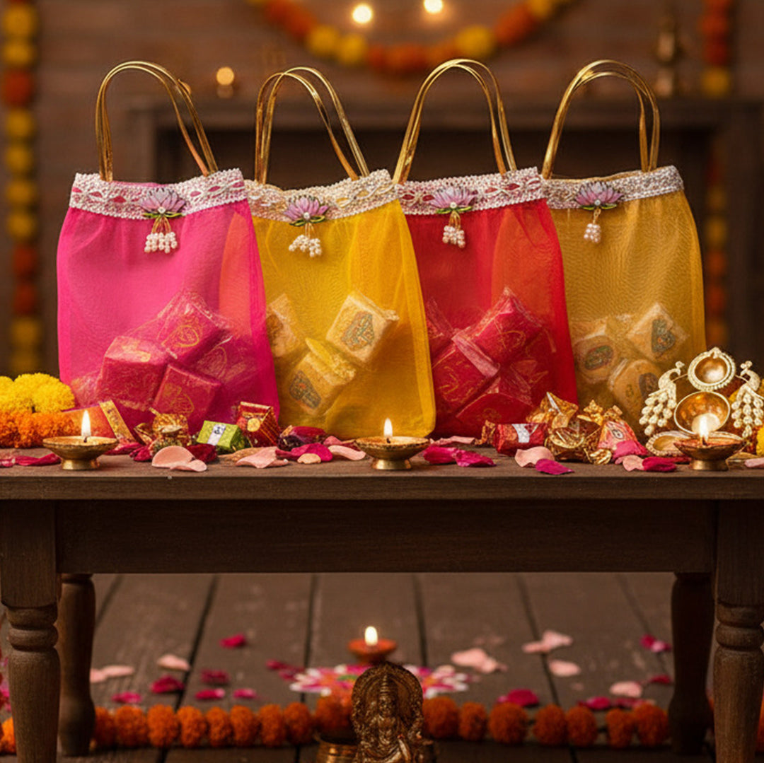 Multicolor Lotus Motif Organza Return Gift Bag – 7x9 Inch | Elegant Festive & Pooja Favor Bag