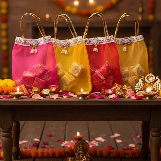 Multicolor Lotus Motif Organza Return Gift Bag – 7x9 Inch | Elegant Festive & Pooja Favor Bag