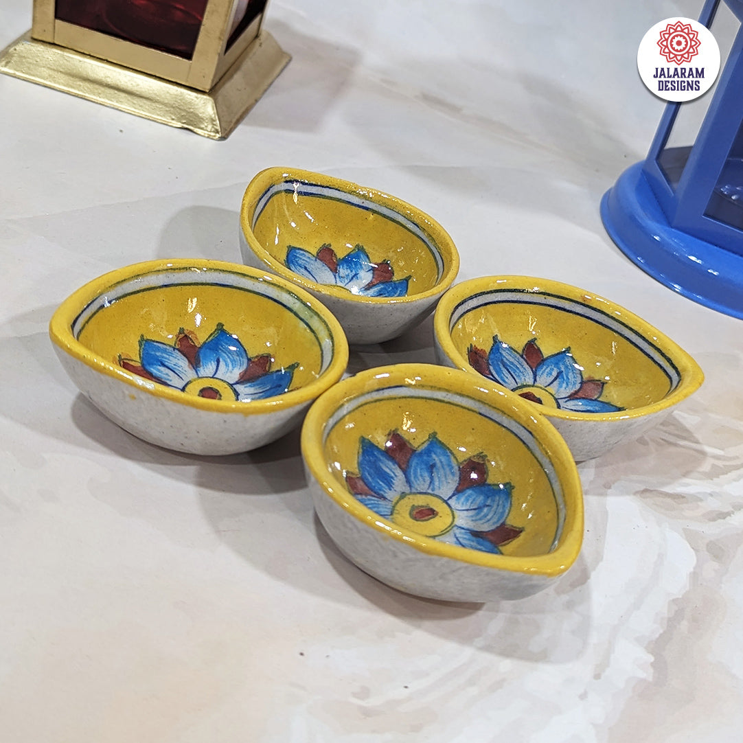 Blue Pottery Yellow Flower Design Diya - Single Piece