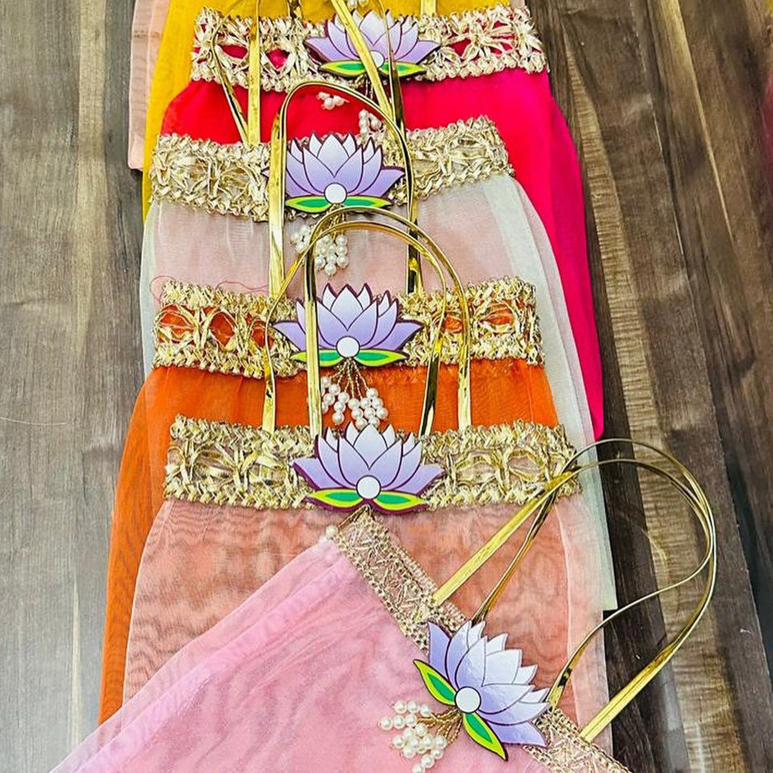 Multicolor Lotus Motif Organza Return Gift Bag – 7x9 Inch | Elegant Festive & Pooja Favor Bag