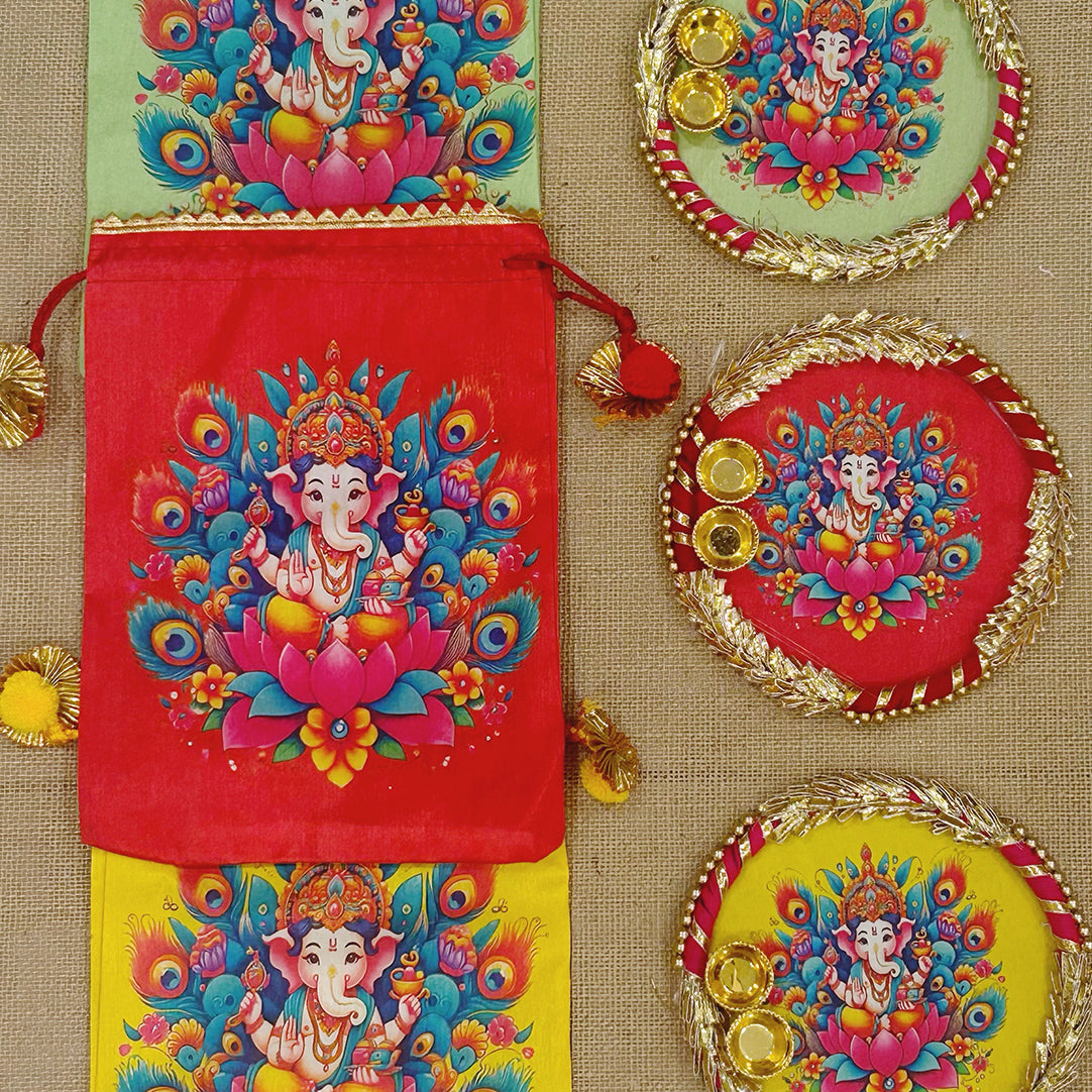 Ganesha Potli Bag with Tilak/Haldi Kumkum Platter | Diwali. Pooja, Baby Shower, Housewarming Return Gift