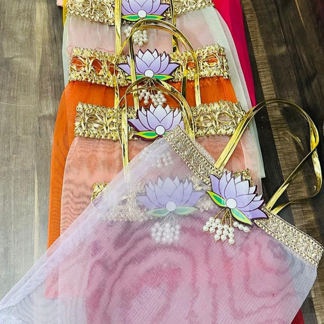 Multicolor Lotus Motif Organza Return Gift Bag – 7x9 Inch | Elegant Festive & Pooja Favor Bag