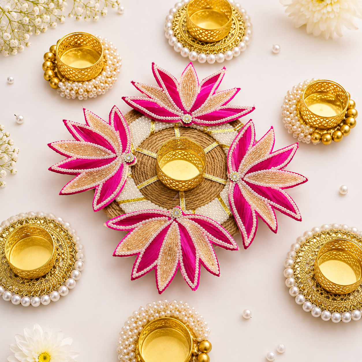 (Set of 7) Magenta Lotus Decorative Rangoli Set