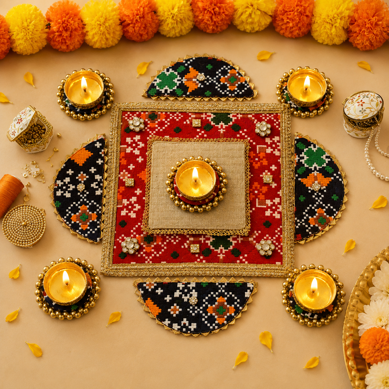 Red - Blue Patola Rangoli Set (Set of 9)