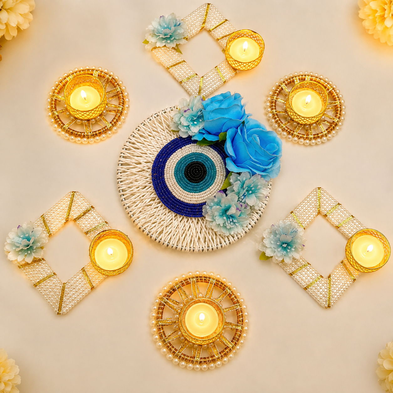 (Set of 7) Evil Eye Rangoli Set – Festive Floor Decoration for Diwali, Home & Office Decor