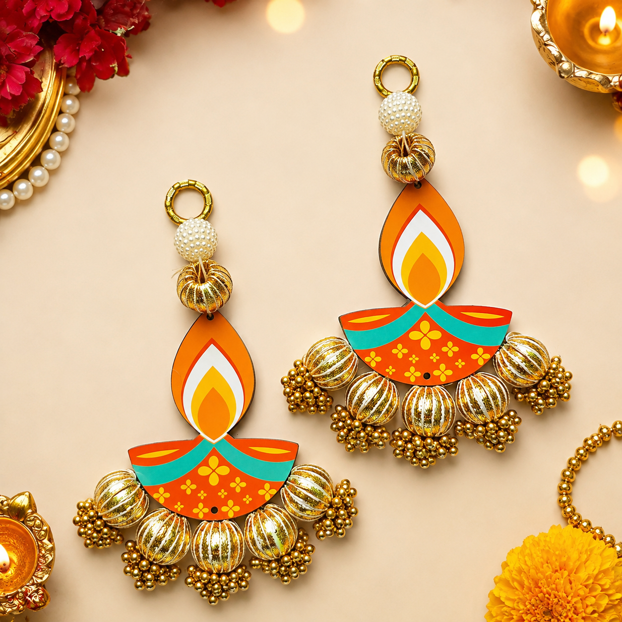 Diya & Golden Bead hanging (Pair)