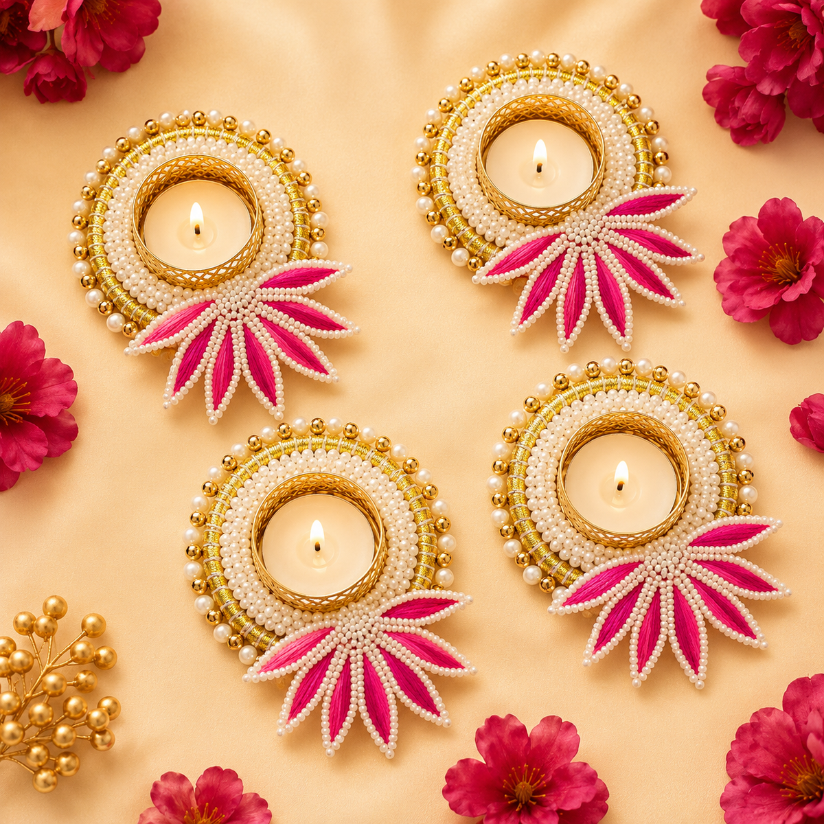 (Set Of 2) Pink Lotus Pearl Bangle Tea Light Holder