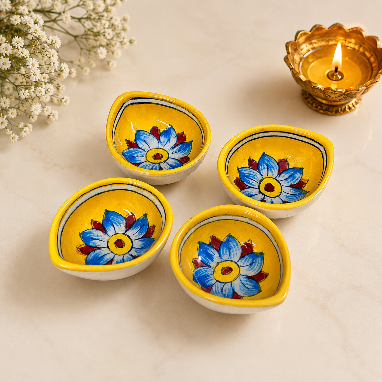 Blue Pottery Yellow Flower Design Diya - Single Piece