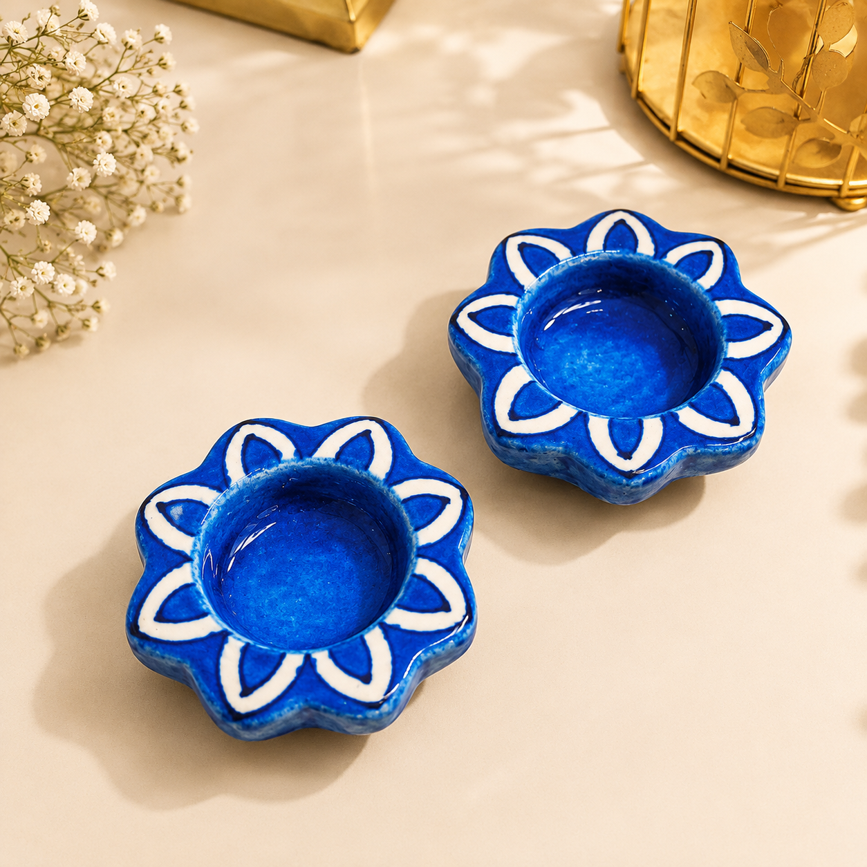 Blue Pottery Blue Flower Design Tea Lights - Single Piece