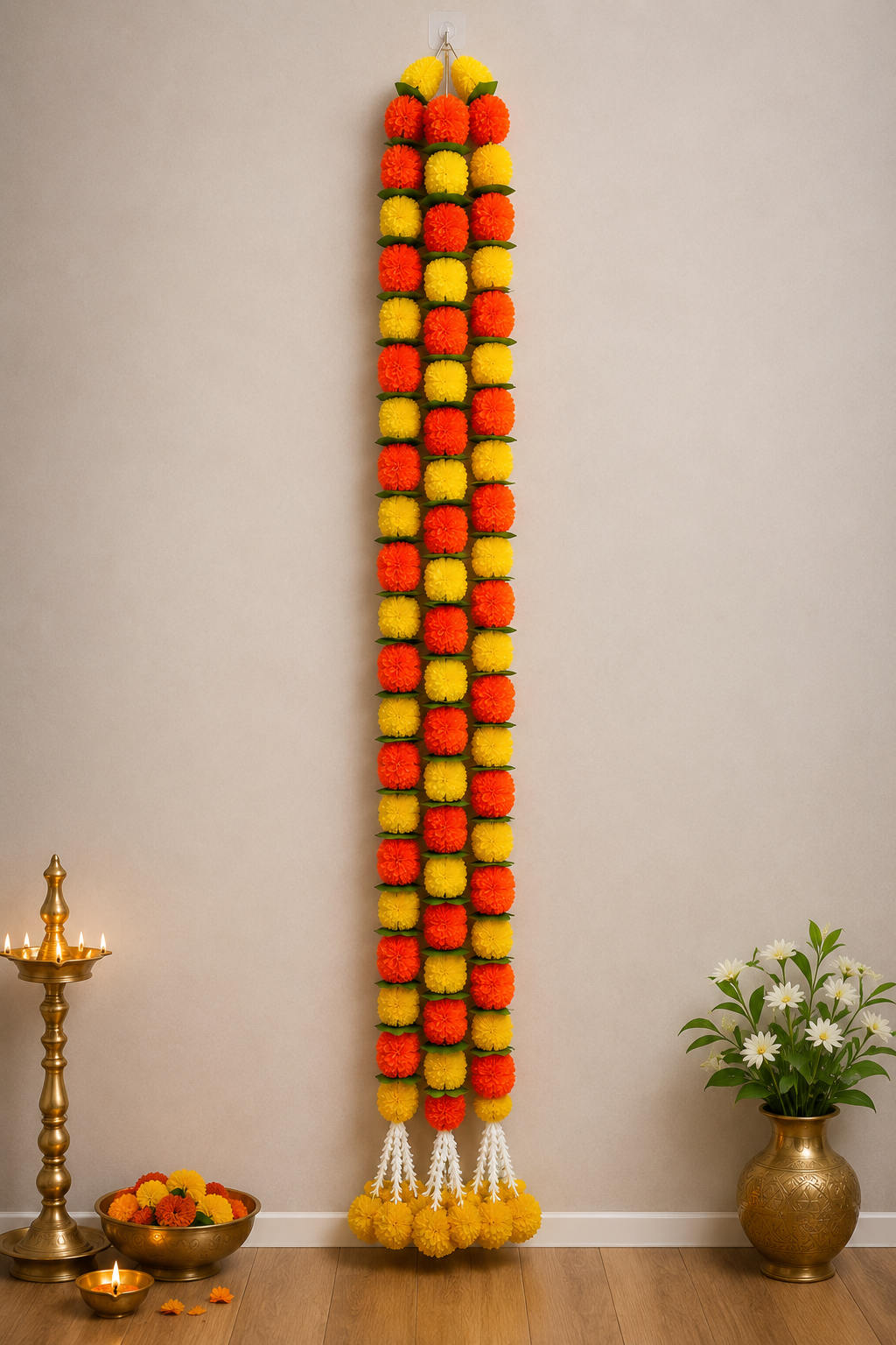 Decorative Yellow And Orange Marigold Flower And Greean Leaves Garland Strings With Rajnigandha Tassel Dangler
