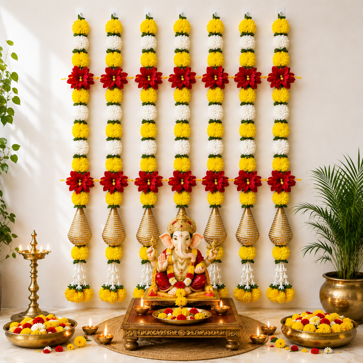 Decorative Yellow Marigold, Rajnigandha, And Diamond Dangler Strings