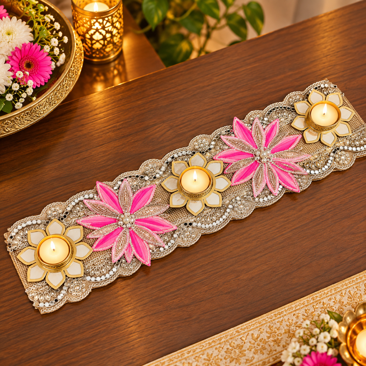Pink Flower And Diya Table Runner