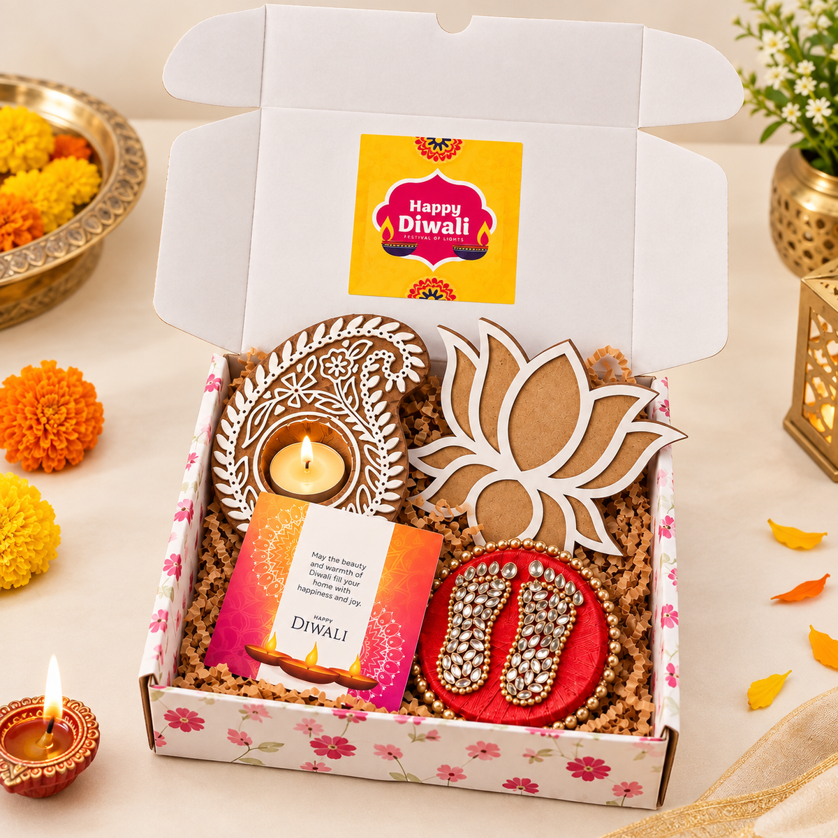 Rangoli Diwali Hamper | Wooden Diya, MDF Lotus Rangoli Stencil & Laxmi Charan