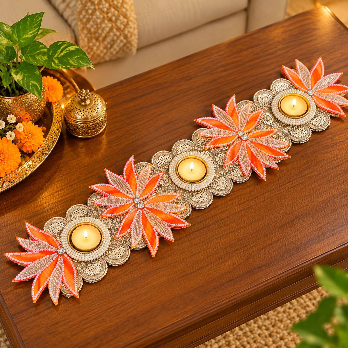 Orange Floral Tealight Table Runner
