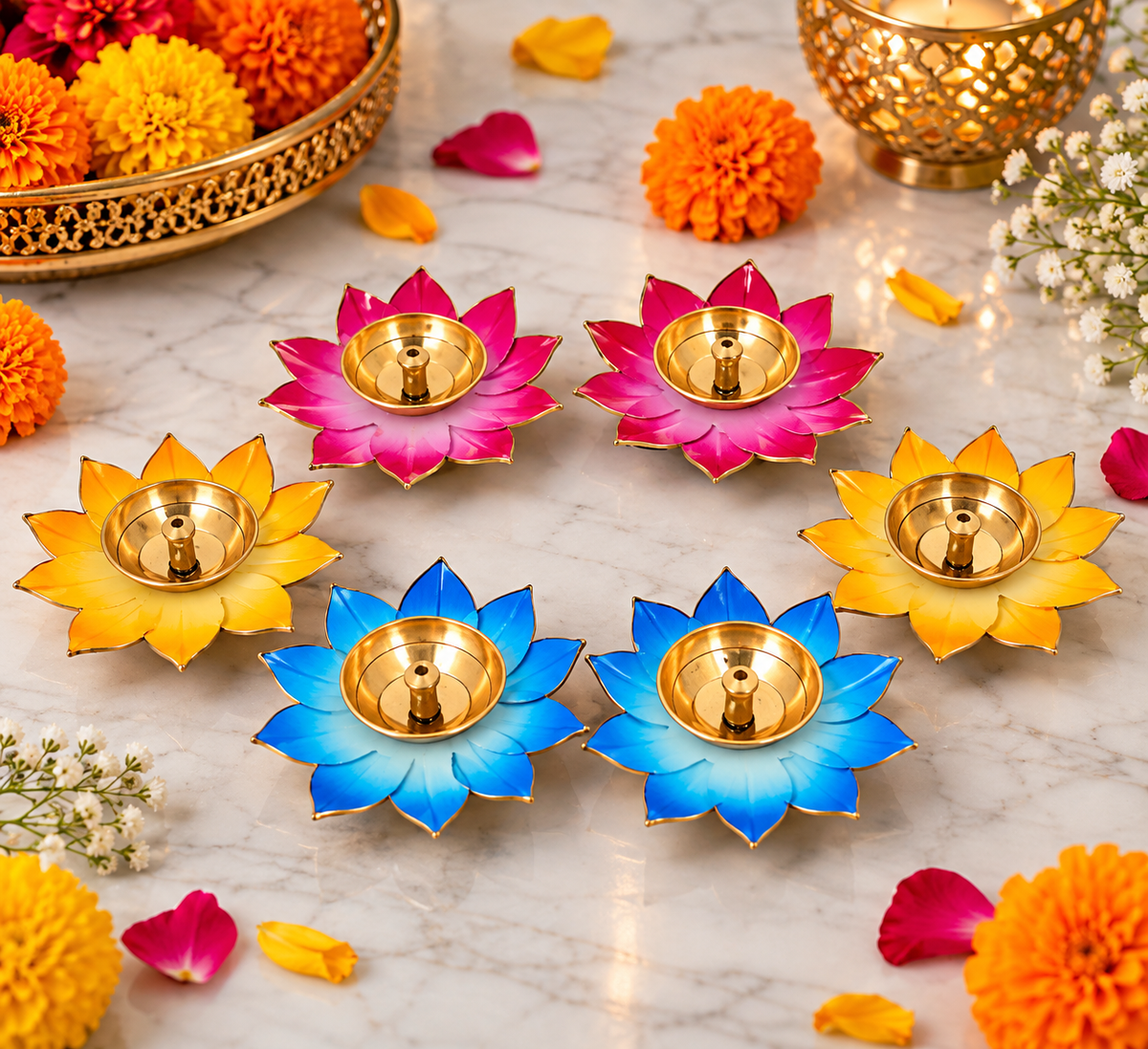 3 Inch Metal Lotus Diya (Set of 4) – Decorative Oil Lamp Deepak for Diwali, Navratri, Pooja & Festive Gifting