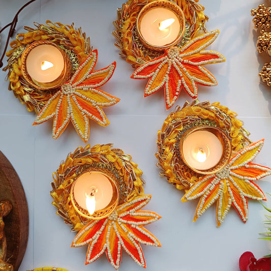 (Set Of 2) Yellow Lotus Pearl Bangle Tea Light Holder