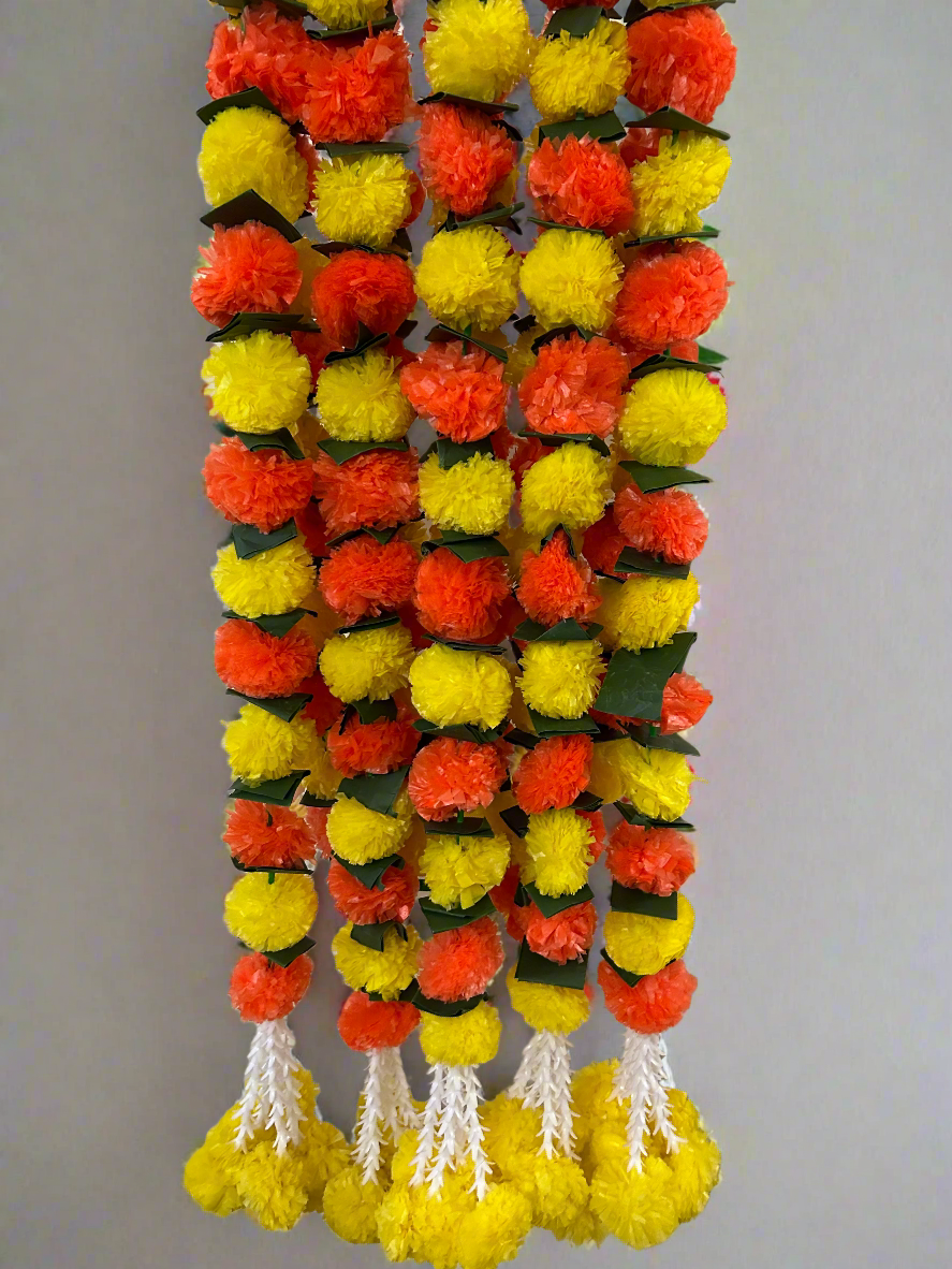 Decorative Yellow And Orange Marigold Flower And Greean Leaves Garland Strings With Rajnigandha Tassel Dangler
