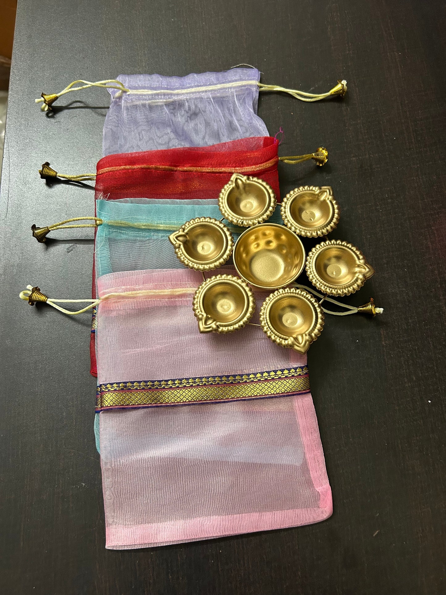 Gift combo for Diwali, Ganesh Chaturthi, Navratri, Puja or weddings / combo of Organza potli and metal urli