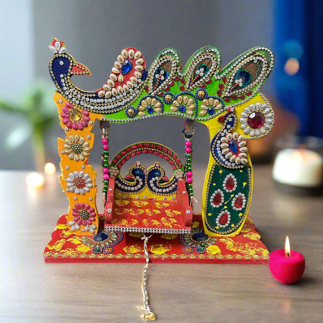 Beautiful Wooden Handicrafted Peacock Swing Jhula for Laddu Gopal Krishna for Home Mandir Temple