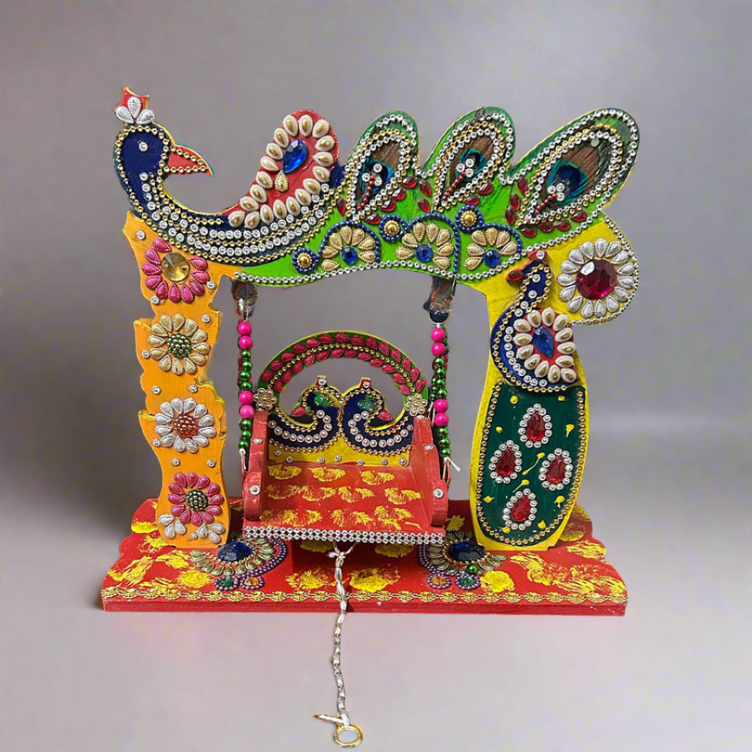Beautiful Wooden Handicrafted Peacock Swing Jhula for Laddu Gopal Krishna for Home Mandir Temple