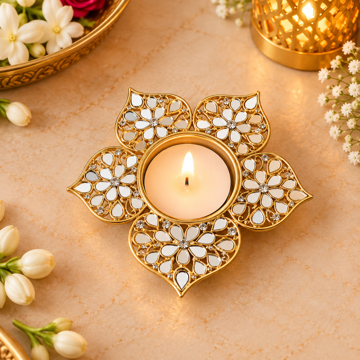Flower Shape Mirror Tea Light (Set Of 2)