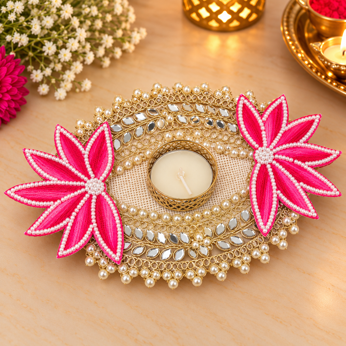 Pink Ornate Diwali Diya Centerpiece