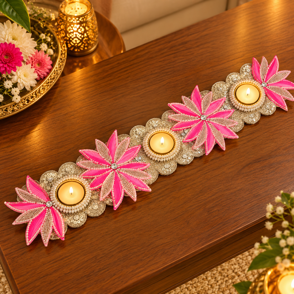 Pink Floral Tealight Table Runner