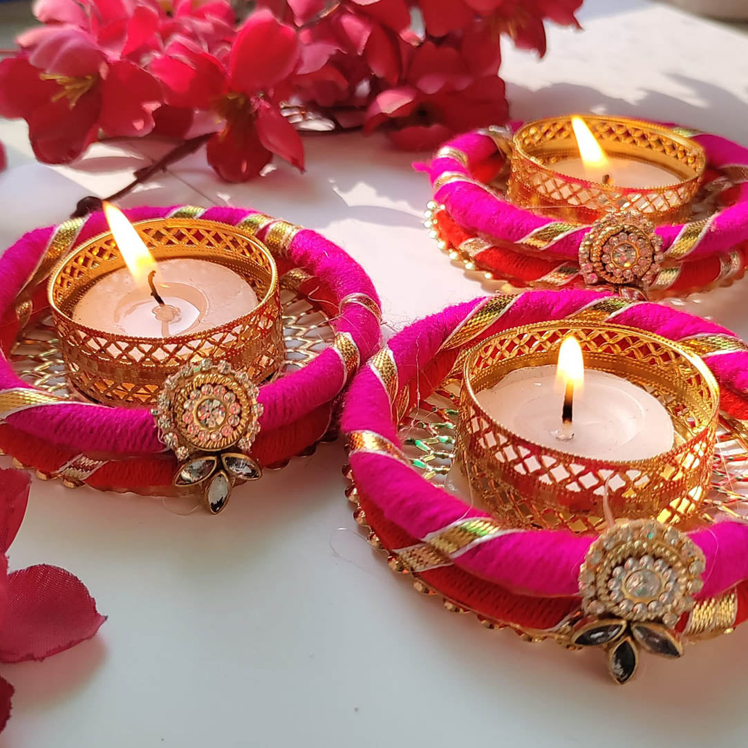 (Set Of 2) Red-Pink Bangle Tea -Light Holders