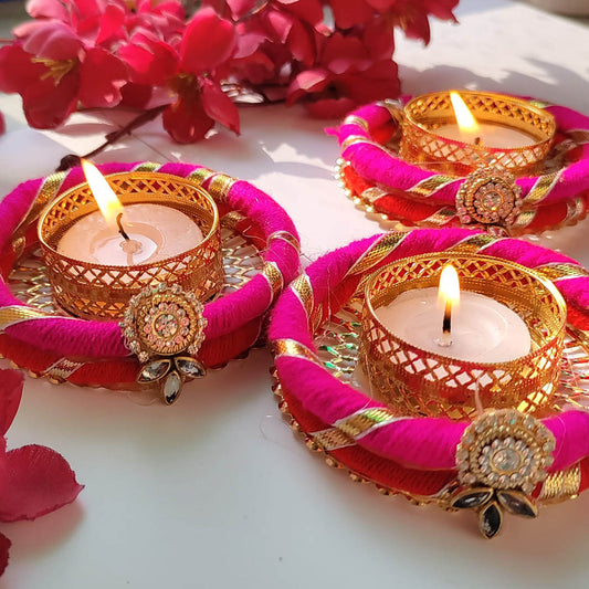 (Set Of 2) Red-Pink Bangle Tea -Light Holders