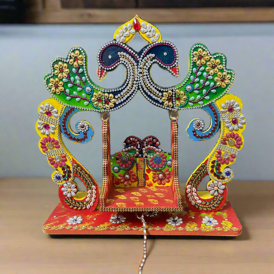 Beautiful Wooden Handicrafted Peacock Swing Jhula for Laddu Gopal Krishna for Home Mandir Temple