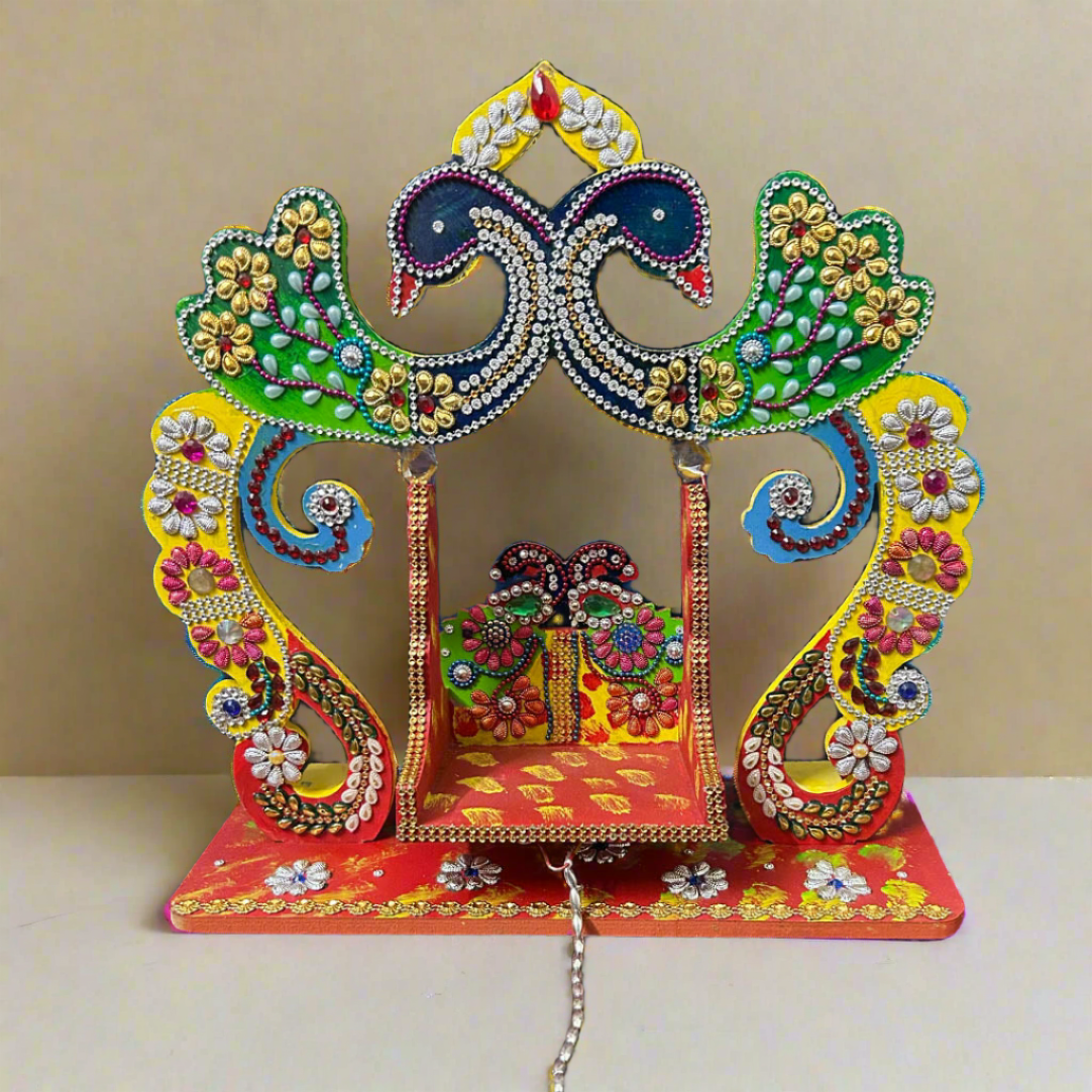 Beautiful Wooden Handicrafted Peacock Swing Jhula for Laddu Gopal Krishna for Home Mandir Temple